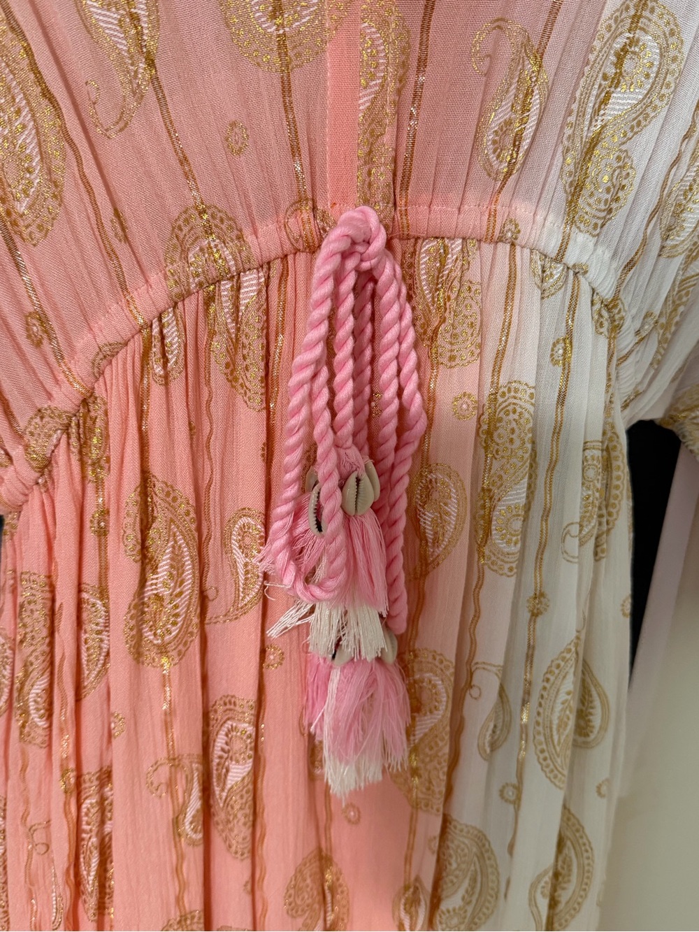 Two-Tone Pink and Cream Maxi Cover Up with Gold Paisley Accents - Picture 3 of 5